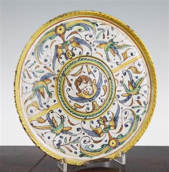 A Deruta maiolica tazza, Italy, first half 17th century, 22.7cm, some losses